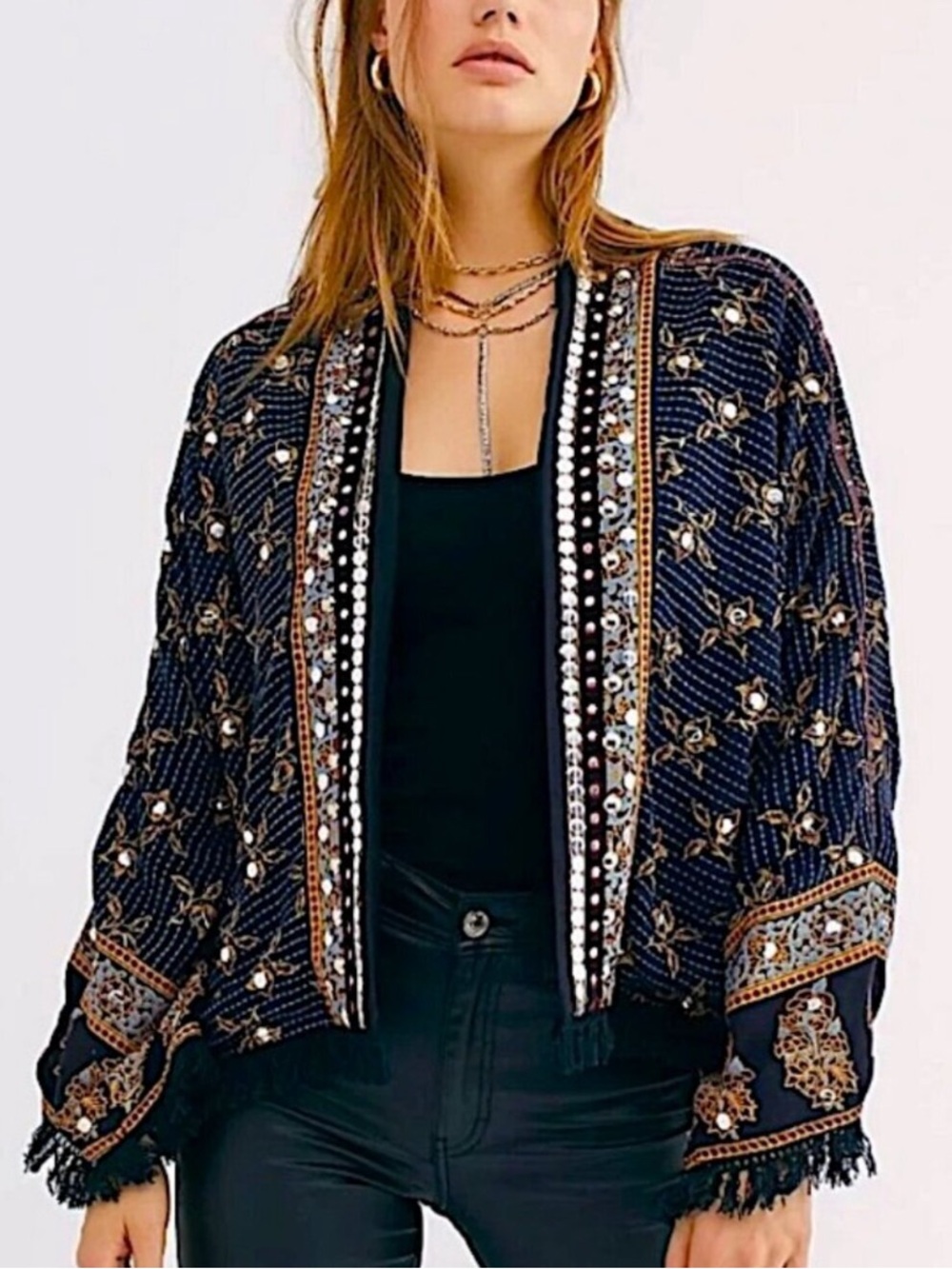 Free People Rays of Light Sequined Oversized Open Kimono Duster Jacket Black
